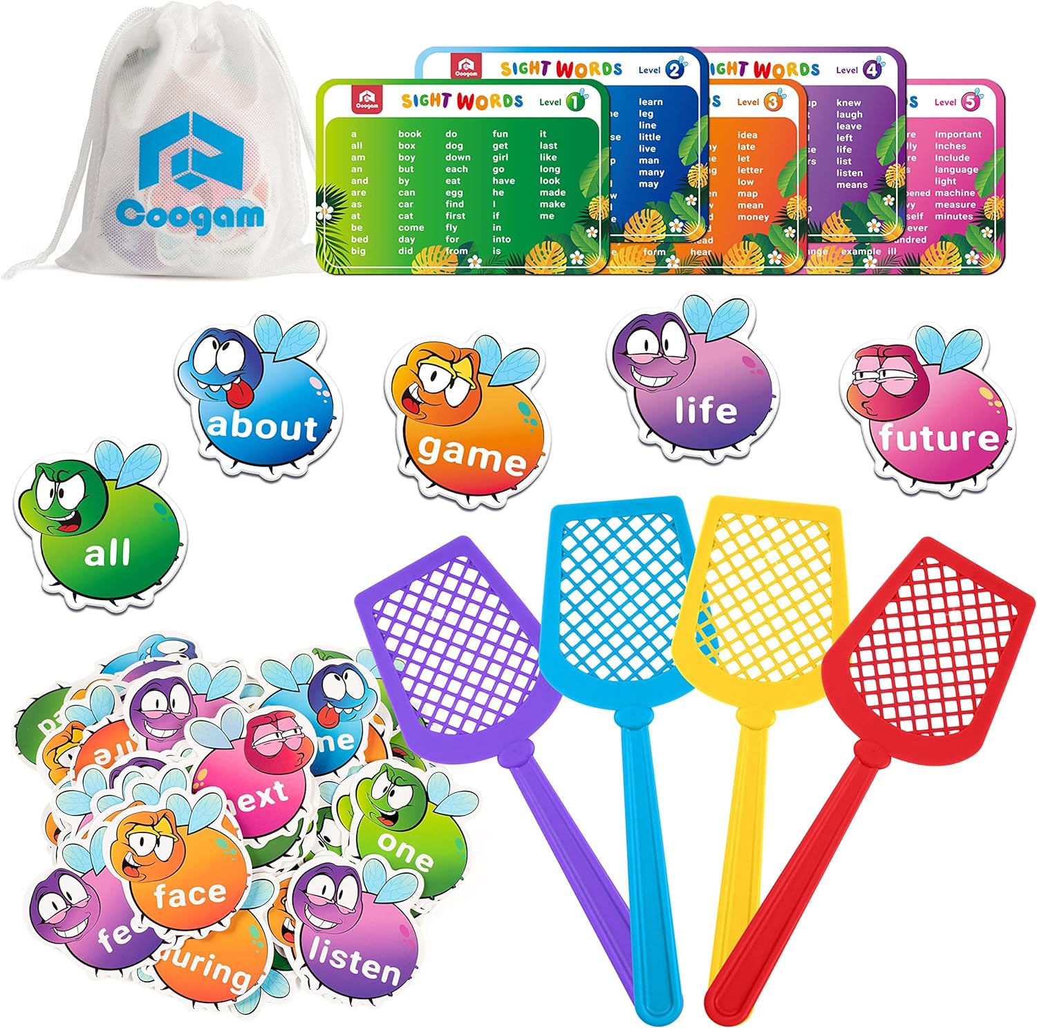 Coogam Sight Words Game with 400 Fry Sight Words and 4 Fly Swatters Set, Dolch Word List Phonics, Literacy Learning Reading Flash Cards Toy Games for Kindergarten,Home School Kids 3 4 5 Year Old